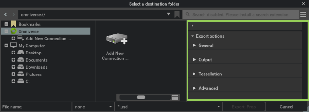 The export options list.