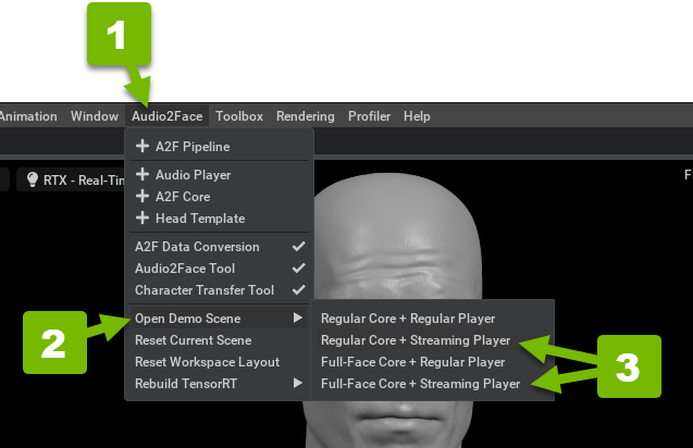 Numbered instructions for accessing a streaming audio demo from the Audio2Face menu.