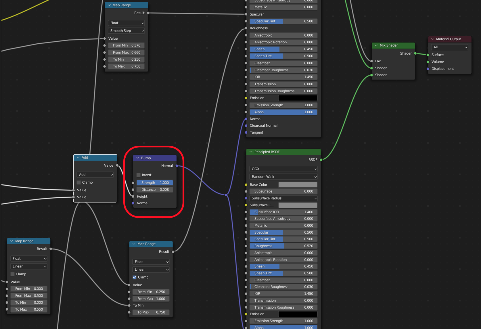 Screenshot showing the Bump node in Blender's shading graph, which is not currently translated.