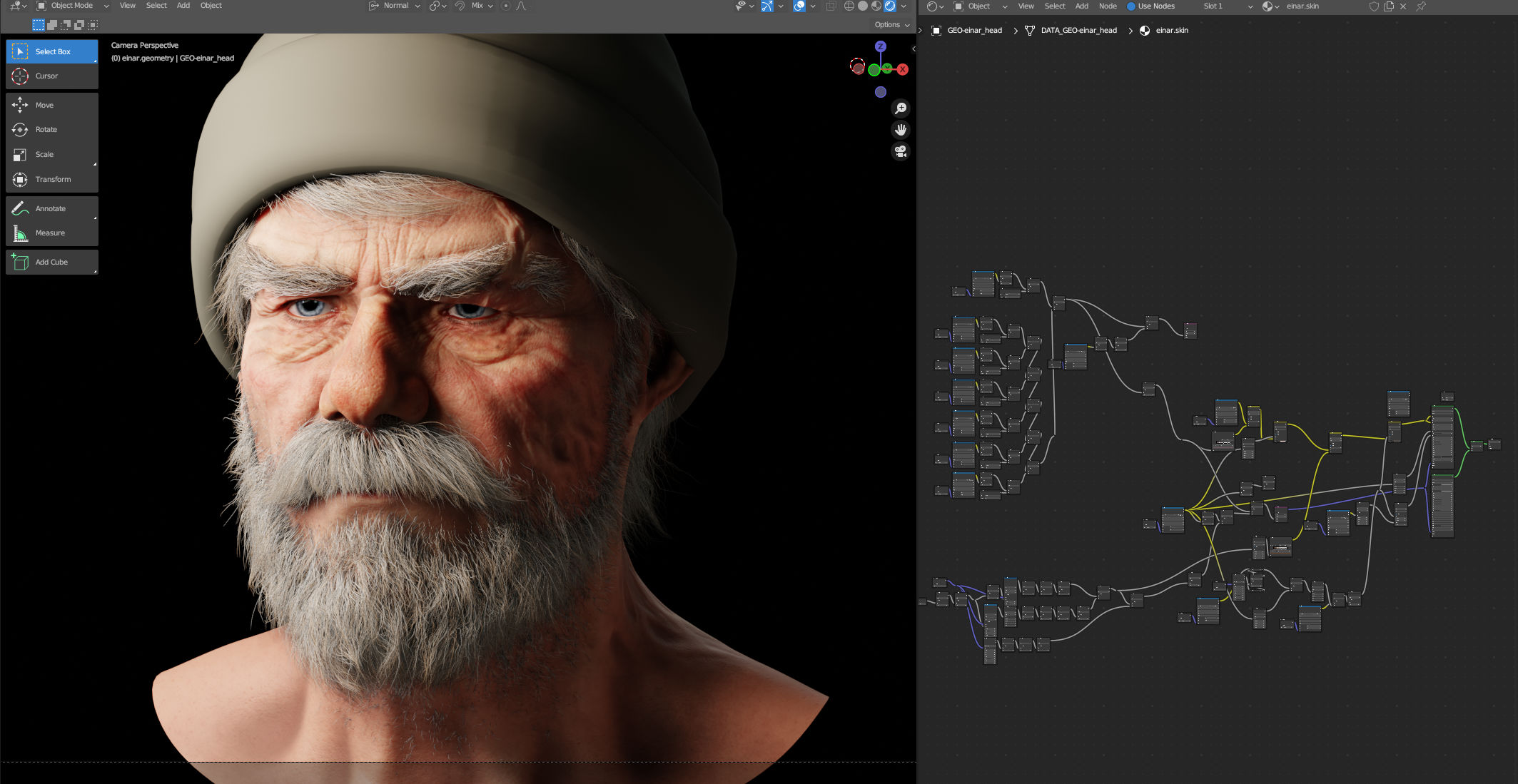 Screenshot of Blender showing the Einar head and accompanying skin shader graph.