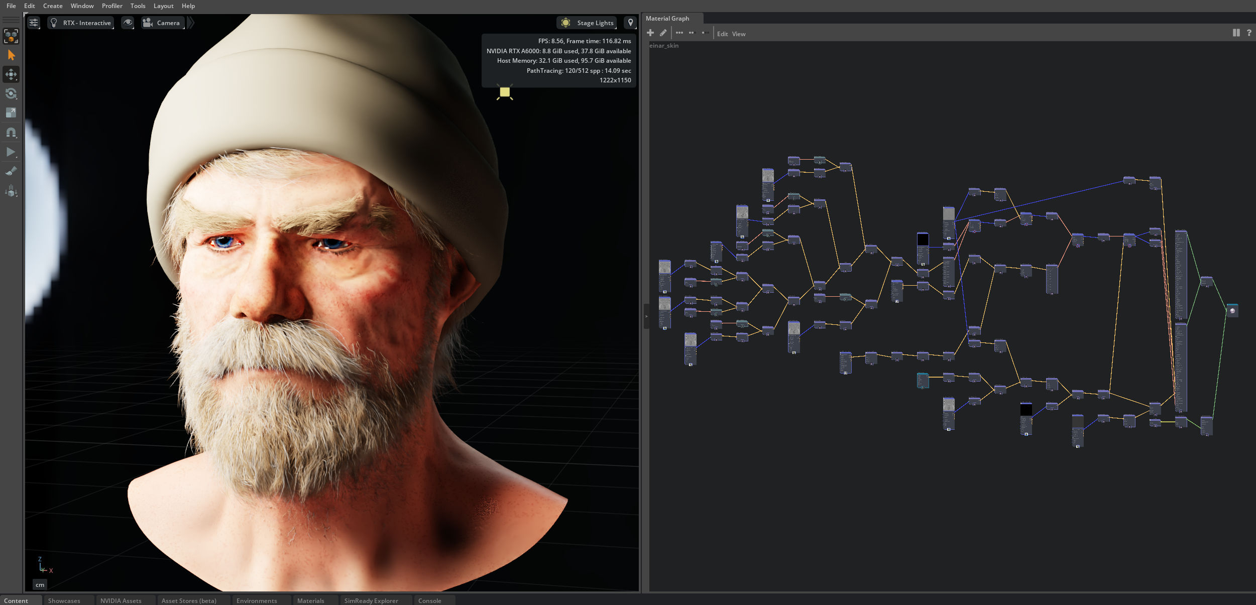 Screenshot of Composer showing the Einar head and accompanying, translated skin shader graph in MDL.