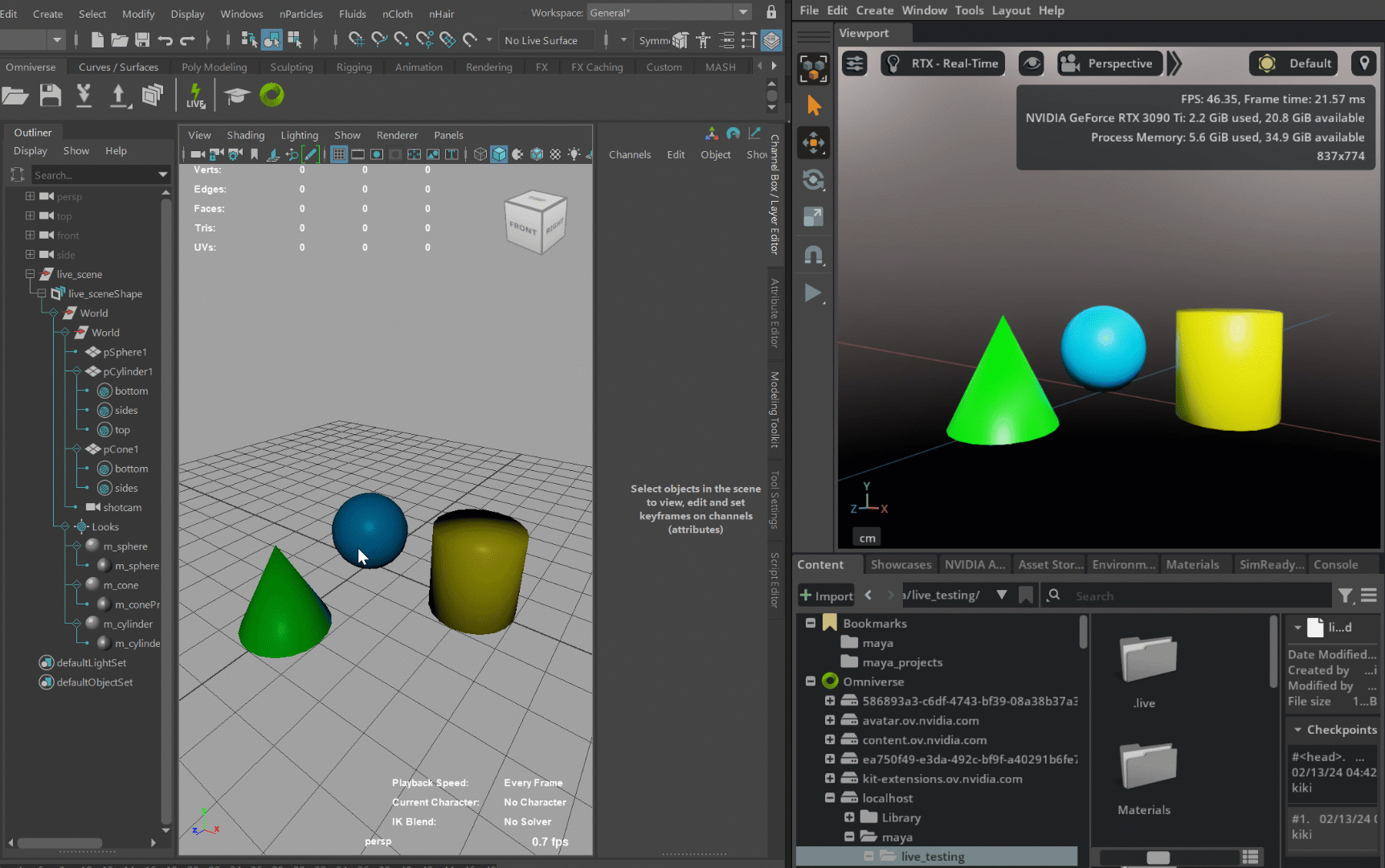 Animated demo gif showing bi-directional Live Session sync between Maya and USD Composer.