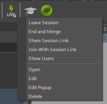 Image showing the right-click menu available from the Live button on the toolbar, including the Leave Session and End and Merge options.