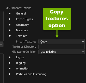 The USD import textures option