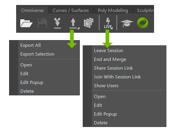 Image of the Maya Native Omniverse shelf, showing both the buttons mentioned below and the right-click menus for the Export Content and Live buttons.