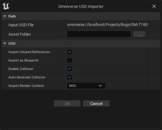Options for importing a USD stage from Omniverse