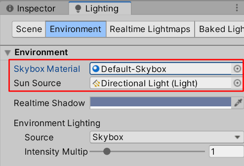 Skybox Material and Sun Source.