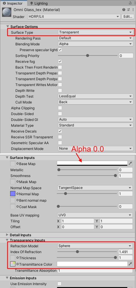 Surface Type and Transparency Inputs.