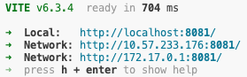 Terminal output showing Vite development server URLs including localhost:8081 and network addresses, with Local Kit Streaming section displaying streaming.html URLs