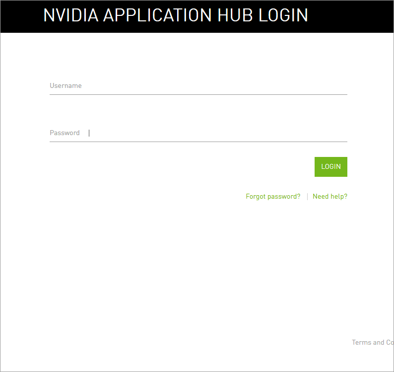 NVIDIA Application Hub login page