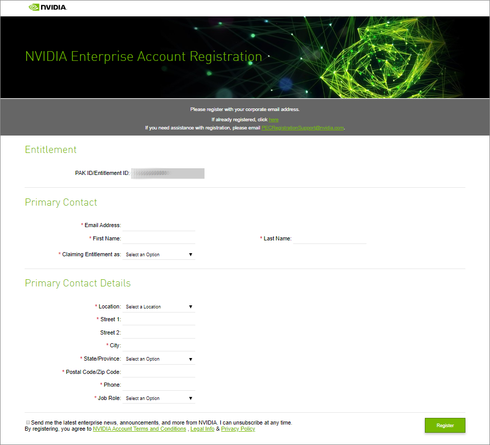 NVIDIA Enterprise Account Registration page