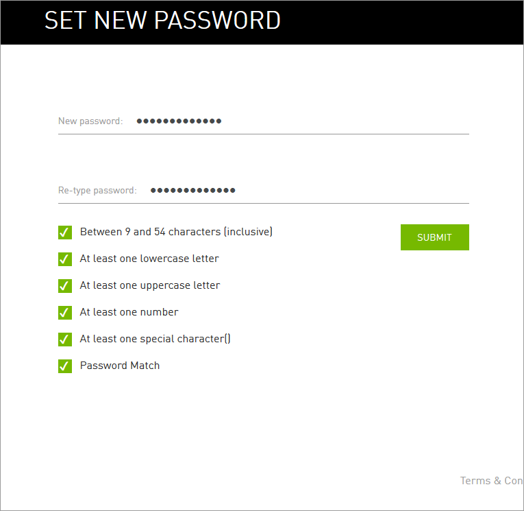 Set new password page