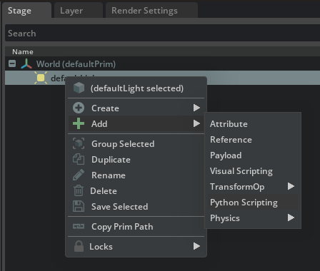 Property window showing Python Scripting section added to a prim.