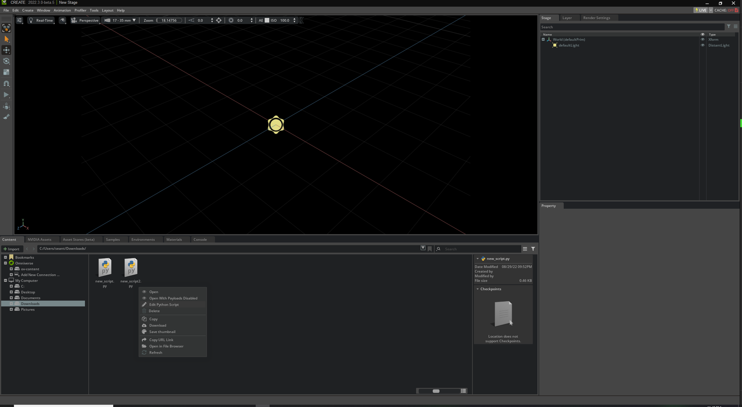 Content window context menu with Open and Edit Python Script options.