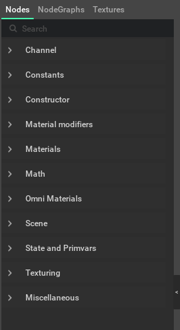 Material Graph Catalog with the Nodes, NodeGraphs, and Textures tabs
