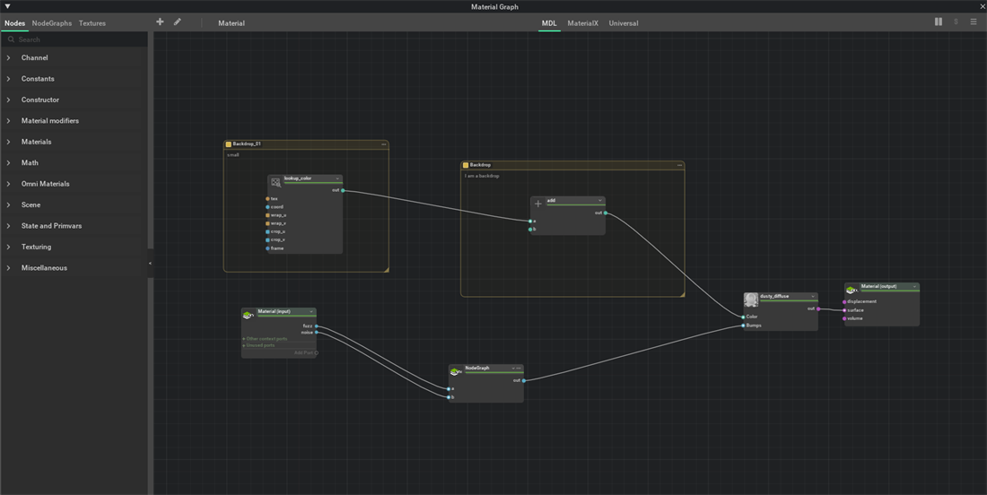 Material Graph Editor with a sample material open