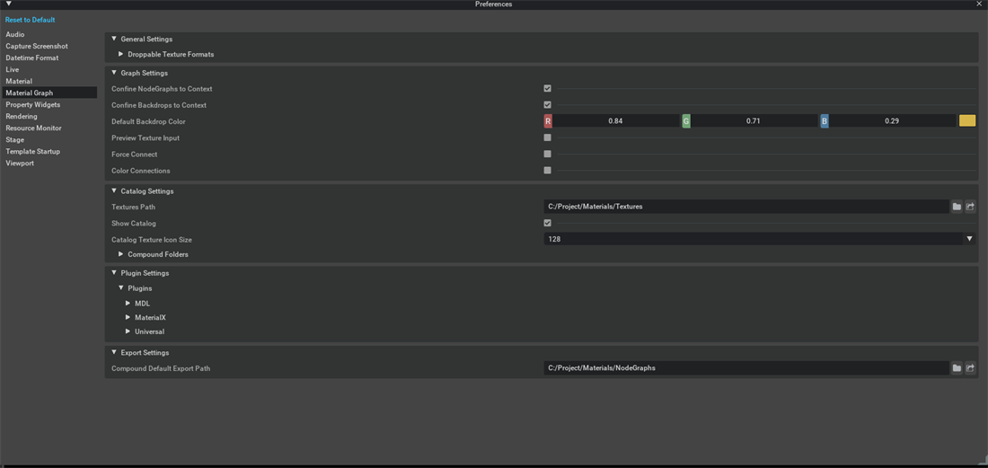 Material Graph preferences showing General, Graph, Catalog, Plugin, and Export settings