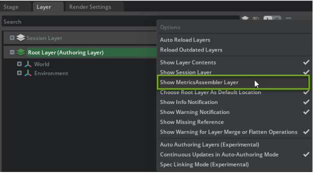 "Show Metrics Assembler Layer" Menu in the Layer Panel