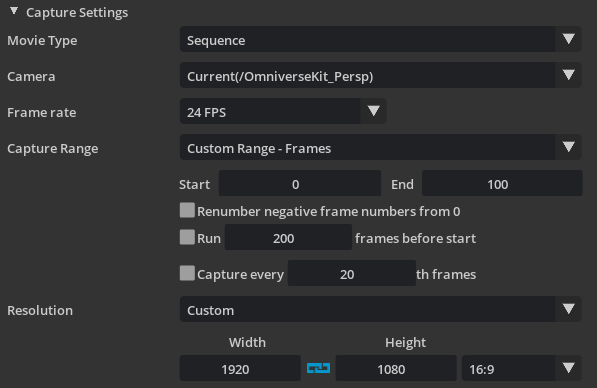Capture settings for the Sequence type