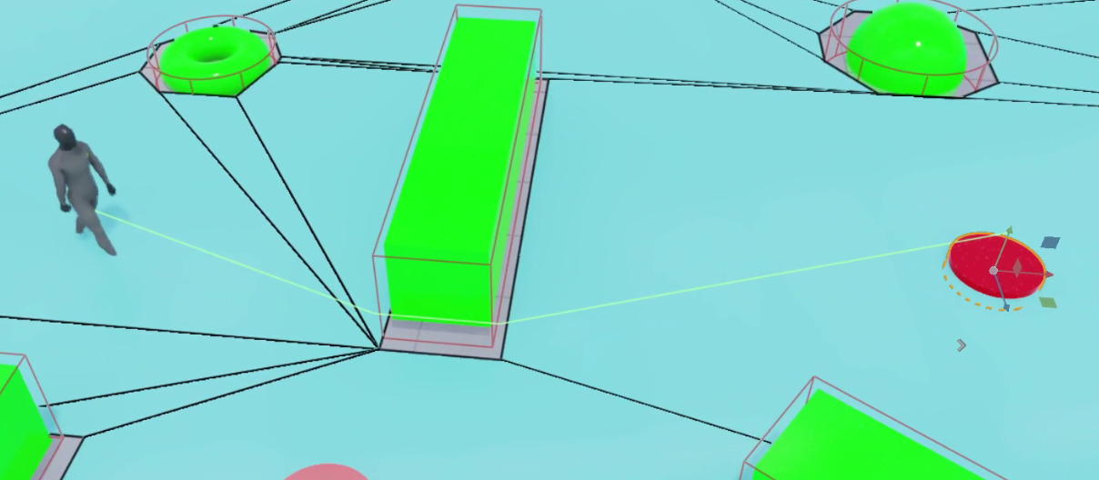 An example scene of a character traversing a scene utilizing the NavMesh system