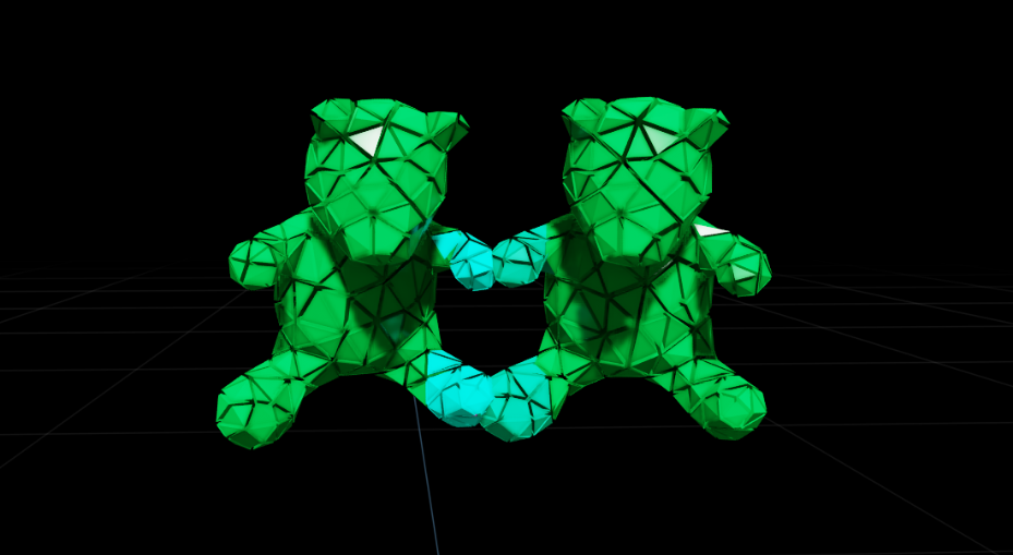 Debug visualization of two attached Deformable Bodies.