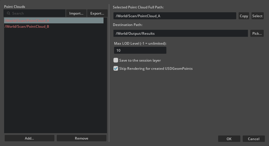 Point Cloud Extraction Settings Window