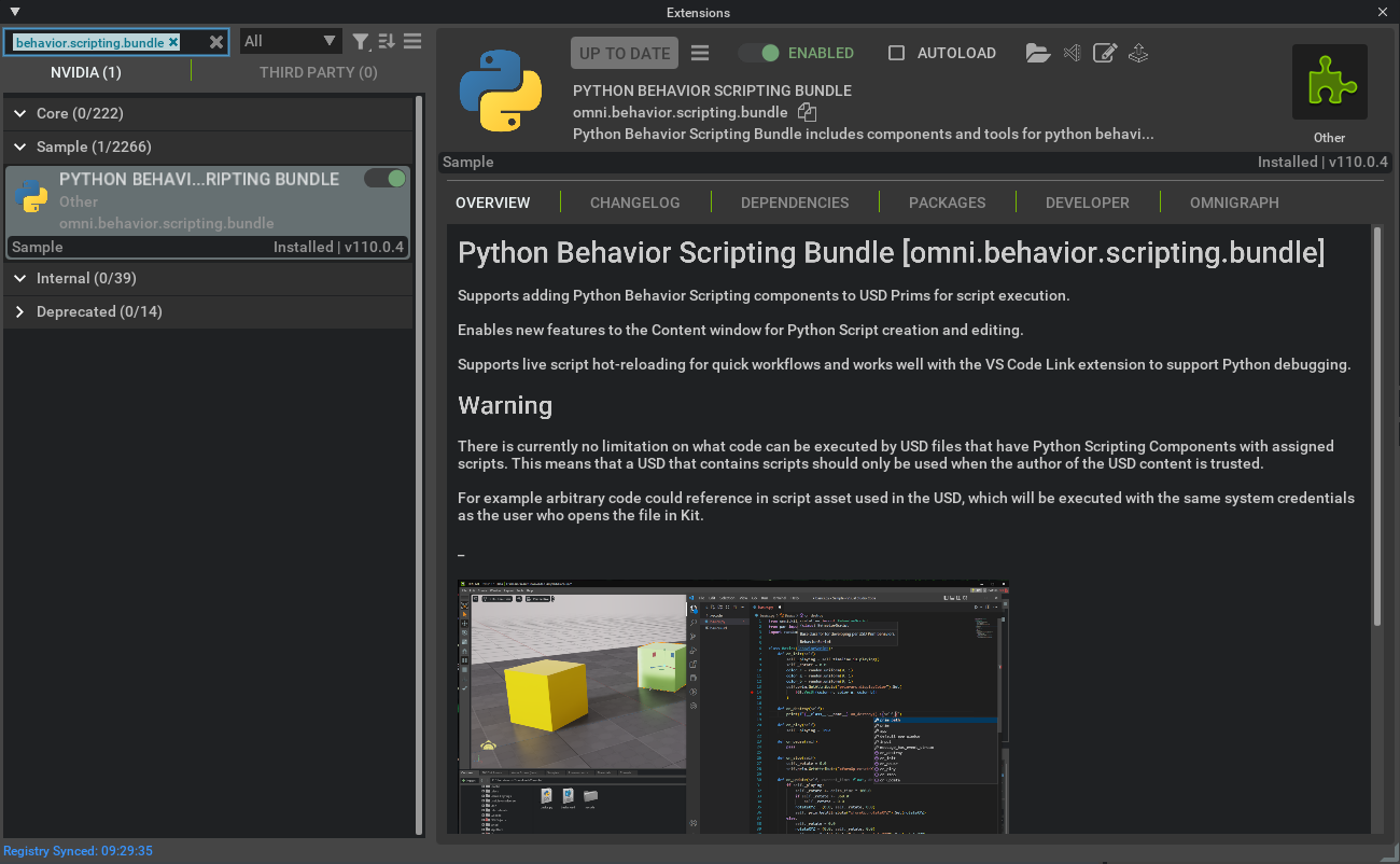 Extensions window with Python Behavior Scripting Bundle and Enabled toggle.