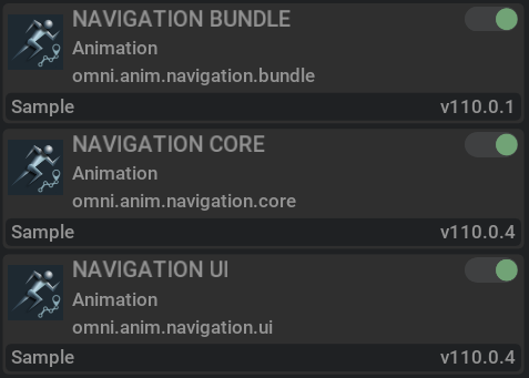 Extension Manager with omni.anim.navigation.bundle and Navigation menu highlighted