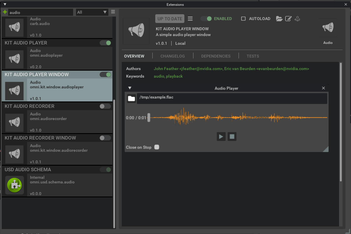 'Audio Player Window' extension in the Extension Manager.