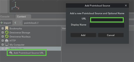 Add Pointcloud Source URL dialog in the Content Browser