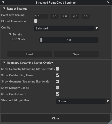 Streamed Point Cloud Settings window with Render Settings and Geometry Streaming Status Overlay