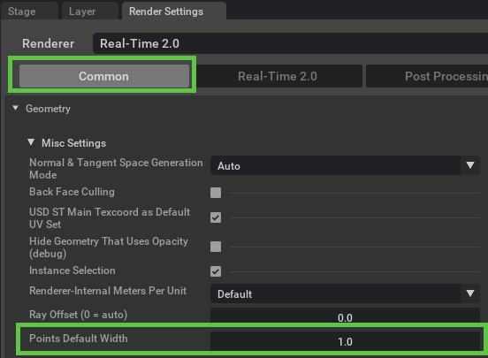 Render Settings Common Geometry Misc Settings showing Points Default Width