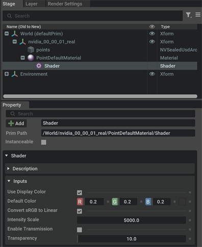Stage tree and Shader property panel for Point Cloud material parameters