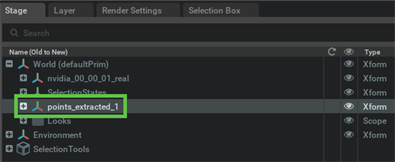 Stage tree showing the new extracted USD Points prim