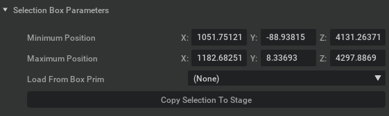 Selection Box Parameters panel with minimum and maximum position fields