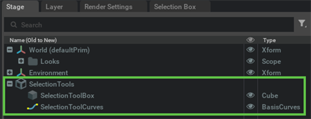 Temporary SelectionToolBox and SelectionToolCurves prims in the Stage tree