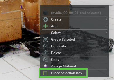 Viewport in Selection Box mode with Place Selection Box context menu