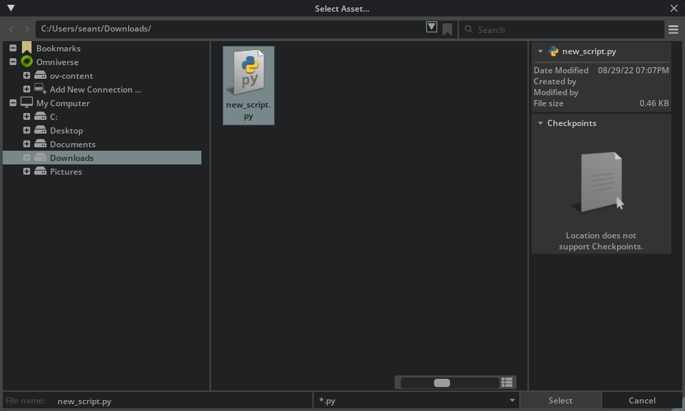 Open file dialog for selecting a script asset.