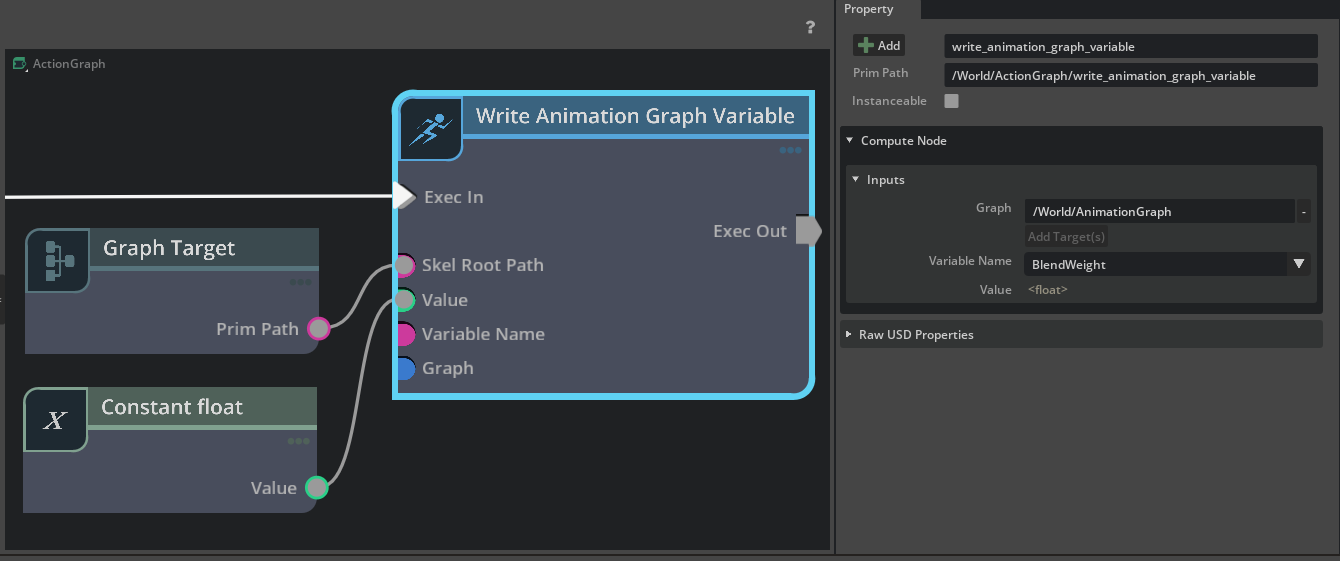 Write Animation Graph Variable node with Graph, Variable name, Value, and Skel Root Path ports.