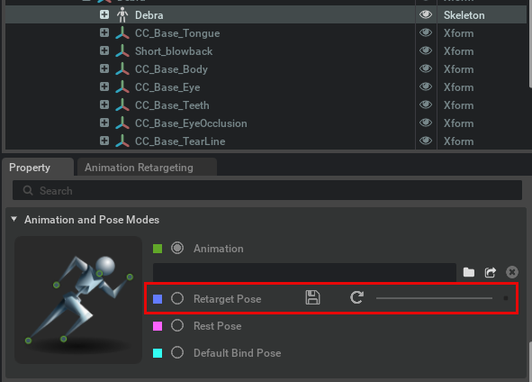 The Skeleton selected in the scene and the Animation and Pose Modes in the Property panel.