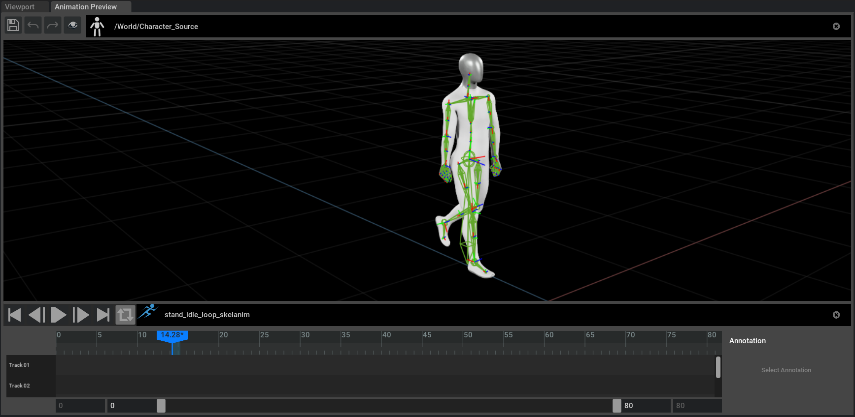 Animation Preview viewport with stand_idle_loop_skeleton animation