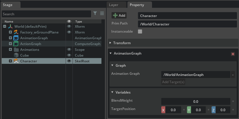 SkelRoot properties with Animation Graph section and Add Target button.