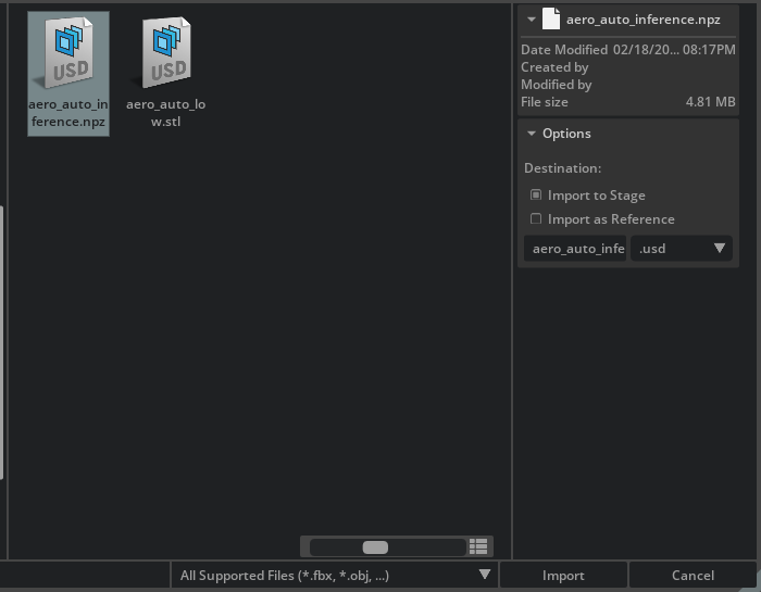 Import dialog with the AI-surrogate NumPy dataset selected and Import to Stage enabled