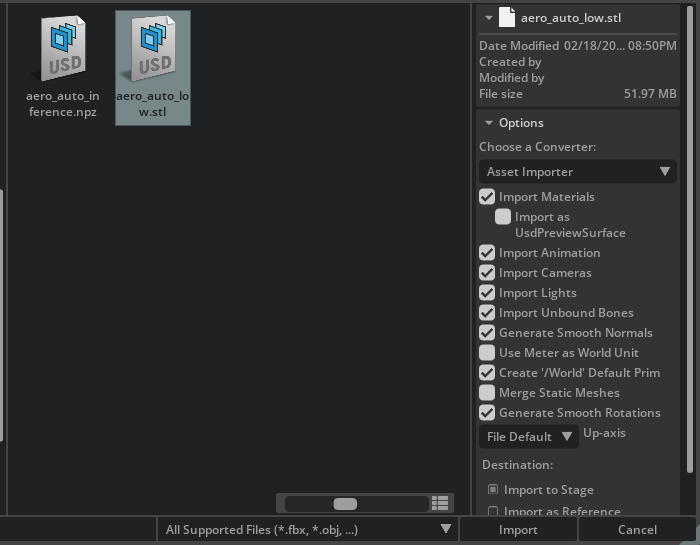 Import dialog with the vehicle-surface dataset selected and Import to Stage enabled