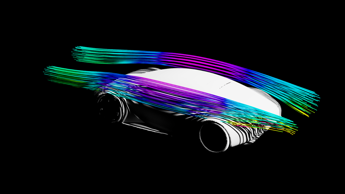 Automotive aerodynamics surrogate output with streamlines colored by velocity magnitude