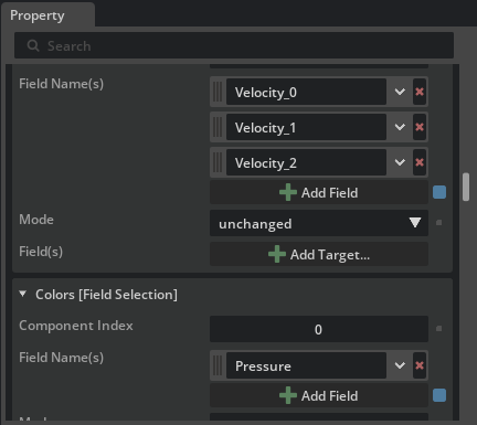 Streamlines field selections with velocity components and Pressure color