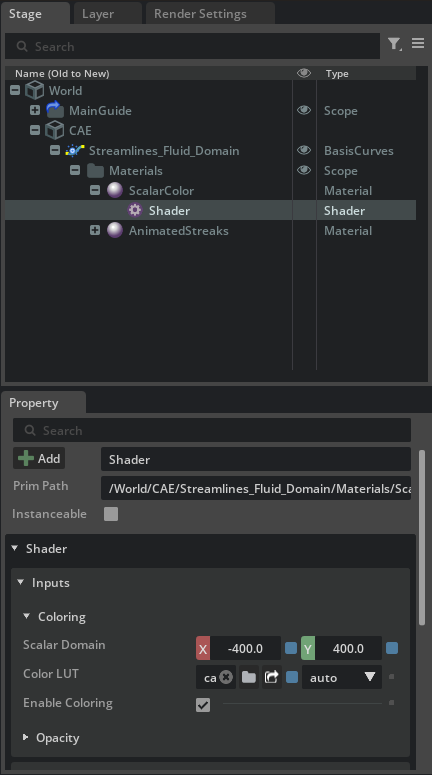 Scalar-color Shader inputs for domain, lookup table, and color enablement