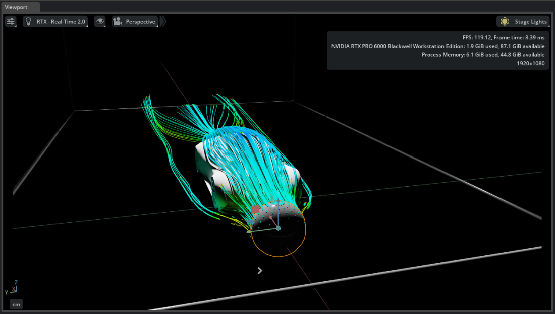 Streamlines colored around the vehicle with faces visible