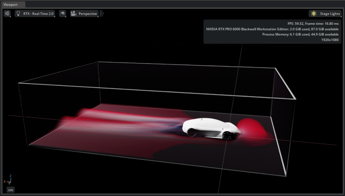 Volume rendering with adjusted color range showing velocity around the vehicle