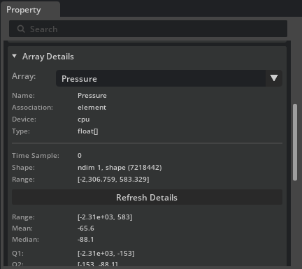 Array Details showing the Pressure array shape, range, and statistics